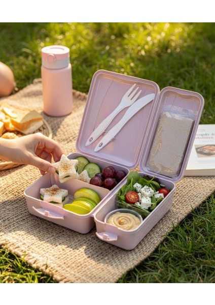 Titiz Takeaway 2 Bölmeli Yemek Kabı - Kaşıklı & Çatal Setli Pratik Yemeği Kabı Lila Rengi