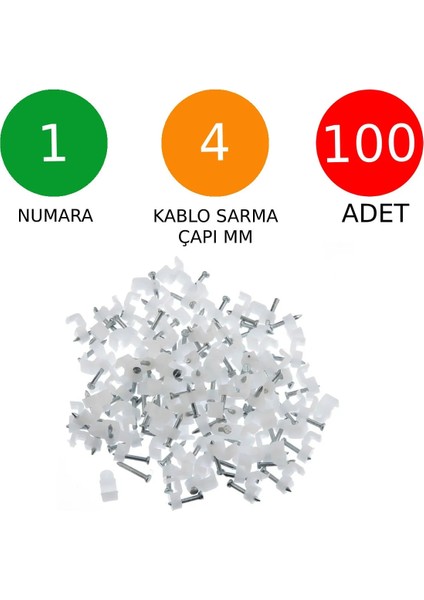 1 Numara Çelik Çivili 4 mm Kroşe Uydu Anten Data Cctv Tv Kablosu Vb. Kroşesi (100'LÜ Poşet)