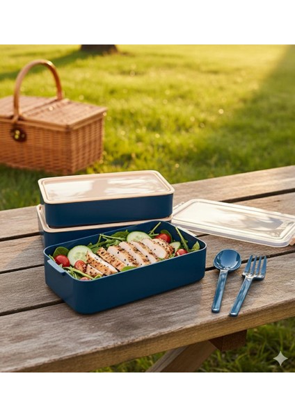 Titiz Fely 2 Katlı Öğle Yemeği Kabı - Çatal Kaşık Dahil - Sızdırmaz & Kilitli Lunch Box- Lacivert