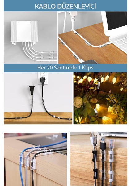 Kablo Sabit Tutucu 20 Adet Çift Taraflı Yapışkanlı Karmaşık Kabloları Sabitleme Aparatı Kablo Klipsi