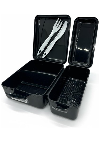Titiz Takeaway 2 Bölmeli Yemek Kabı - Kaşıklı & Çatal Setli Pratik Yemeği Kabı Siyah Renk