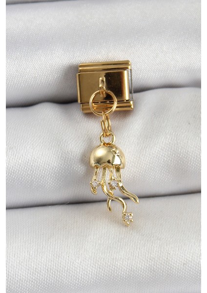 316L Çelik Sallantılı Zirkon Taşlı Deniz Anası Model Gold Renk Nomination Charm
