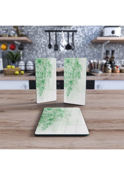 Cam Sunum Servis Tabağı 3'lü Dikdörtgen Set Yeşil Çiçek Deseni