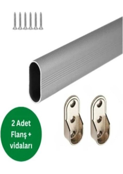 Oval Alüminyum 45 cm Dolap Içi Askı Borusu 2 Adet Plastik Flanş ve Vidaları Mobilya Profilleri Ekru