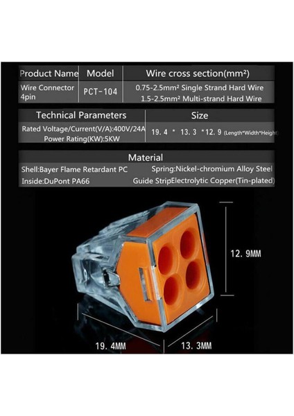 10 Adet PCT-104 4 Pinli Itmeli Hızlı Kolay Kablo Tel Birleştirici Konnektör Vidasız Klemens
