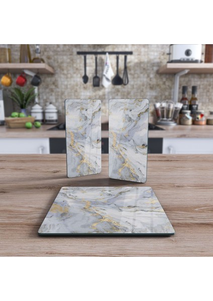 Cam Sunum Servis Tabağı 3'lü Kare Set Gri Mermer Deseni