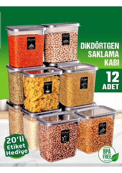 12 Adet 24 Parça 2 Litre Dikdörtgen Erzak Bakliyat Baharat Saklama Kabı Seti 20 Etiket Hediyeli fiyatları