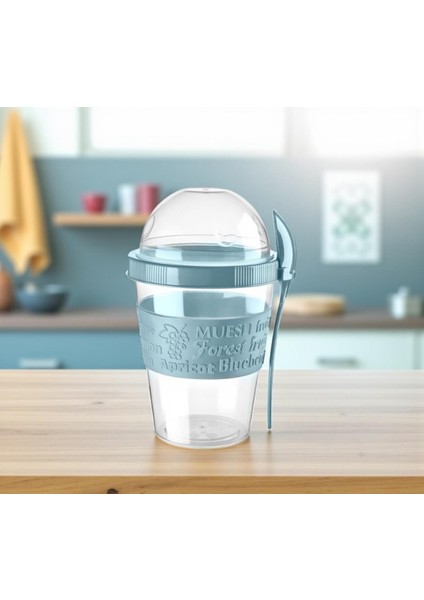 Titiz 600 ml Kaşıklı Yoğurt & Müsli Kabı - Taşınabilir Kase - Açık Mavi