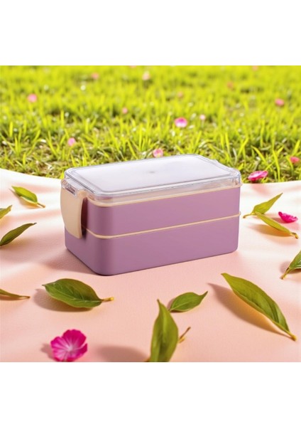 Titiz Fely 2 Katlı Öğle Yemeği Kabı - Çatal Kaşık Dahil - Sızdırmaz & Kilitli Lunch Box- Mor Renk