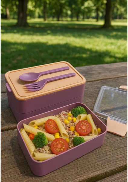 Titiz Fely 2 Katlı Öğle Yemeği Kabı - Çatal Kaşık Dahil - Sızdırmaz & Kilitli Lunch Box- Mor Renk fiyatları