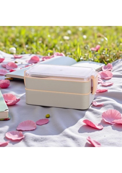 Titiz Fely 2 Katlı Öğle Yemeği Kabı - Çatal Kaşık Dahil - Sızdırmaz & Kilitli Lunch Box- Krem Renk