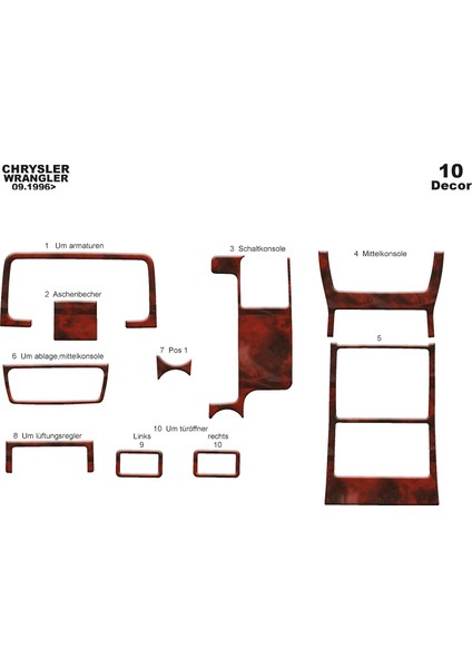 Chrysler Wrangler Konsol-Torpido Kaplama 1996 10 Parça Maun