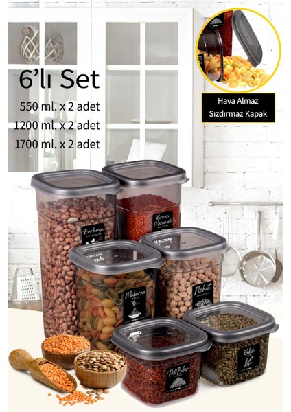 6 Lı Kare Erzak Saklama Kabı Baharatlık Mutfak Çeyiz Seti 20 Etiket Hediyeli