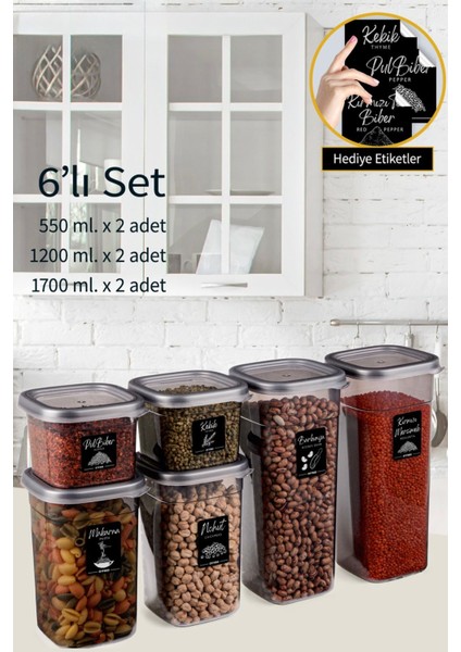 6 Lı Kare Erzak Saklama Kabı Baharatlık Mutfak Çeyiz Seti 20 Etiket Hediyeli fiyatları