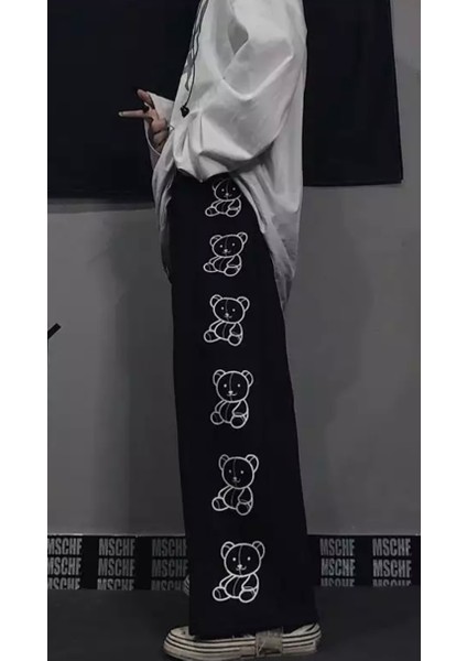 Punıx Özel Tasarım Unısex Ayıcık Baskılı Sokak Stili Hip Hop Ispanyol Paça Kışlık Eşofman Altı