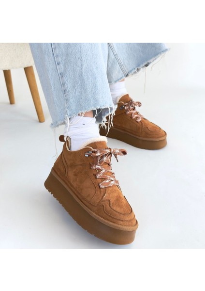 Içi Kürklü Bağcıklı Bot Süet Taba Topuk Boyu 4 cm fırsatları