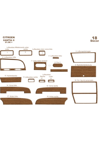 Citroen Xantia 2 Konsol-Torpido Kaplama 1998 18 Parça Açık Meşe