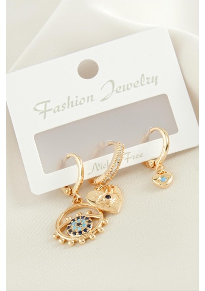 Resveq 3 Adet Kalp Nazar Zirkon Taşlı Küpe-Gümüş Rengi