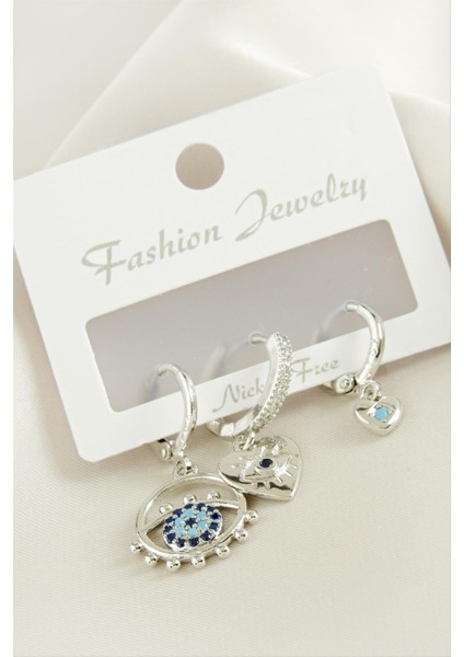 Resveq 3 Adet Kalp Nazar Zirkon Taşlı Küpe-Gümüş Rengi fiyatları