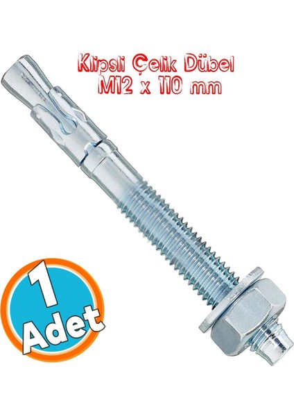 Klipsli Saplamalı Çelik Dübel M12X110 mm Raf Montaj Bağlantı Kanalları Tavan Beton Asma Aparat Dübel