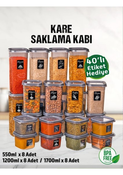 24 Adet 48 Parça 0,55-1,2-1,7 Litre Kare Erzak Bakliyat Baharat Saklama Kabı Seti 40 Etiket Hediyeli