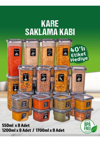 24 Adet 48 Parça 0,55-1,2-1,7 Litre Kare Erzak Bakliyat Baharat Saklama Kabı Seti 40 Etiket Hediyeli fiyatları