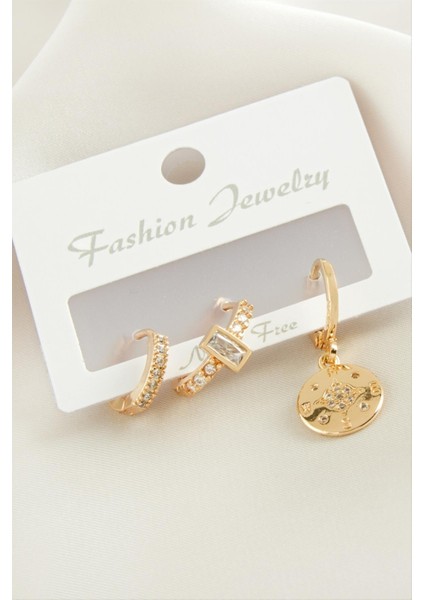 Resveq 3 Adet Çiçek Zirkon Taşlı Küpe-Gümüş Rengi