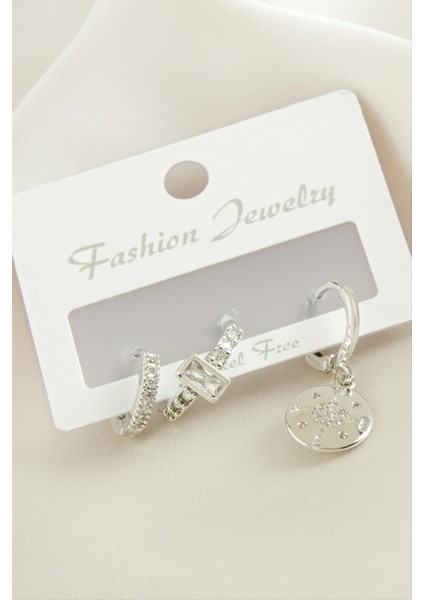 Resveq 3 Adet Çiçek Zirkon Taşlı Küpe-Gümüş Rengi fiyatları