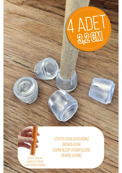 4 Adet Sessiz Tip Sandalye Pabucu Masa Sandalye Zemin Koruyucu 3,2cm Şeffaf Turuncu Tekli
