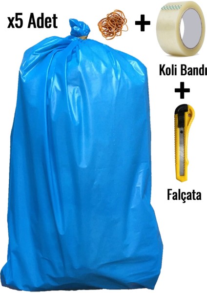 5 Adet Mavi Lastikli 80X110 Ultra Kalın Ev Taşıma Taşınma Poşeti Koli Bandı Falçata Nakliye Torbası
