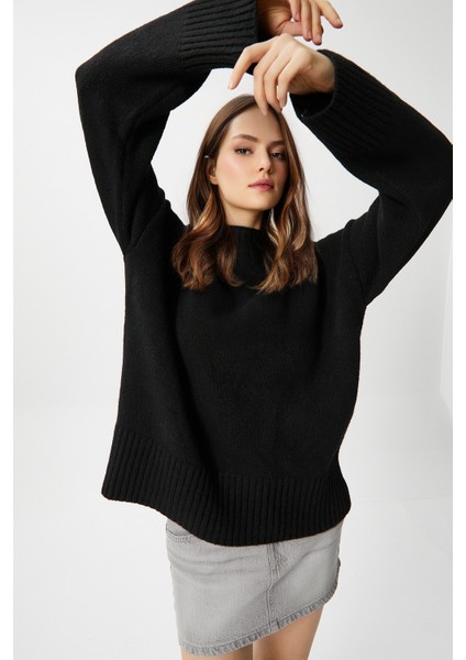 Kadın Homy Yumuşacık Bisiklet Yaka Siyah Oversize Triko Kazak indirimleri