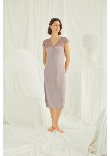 Monamise Kolu Omzu ve Yakası Dantelli Önü Düğmeli Büyük Beden Gecelik fırsatları