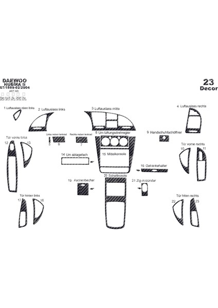 Daewoo Nubira 2 Konsol-Torpido Kaplama 1999-2004 23 Parça Karbon