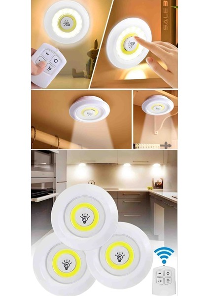 Uzaktan Kumandalı Yapışkanlı LED Lamba 3’lü Set Kablosuz Pilli Işık Ayarlanabilir Pratik Gece Lambası indirimleri