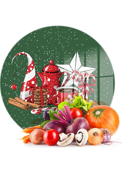 Cam Kesme Tahtası ve Sunumluk Yuvarlak Yeşil Yılbaşı Kar Desenli 30X30 cm