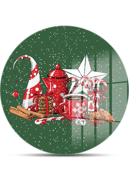 Cam Kesme Tahtası ve Sunumluk Yuvarlak Yeşil Yılbaşı Kar Desenli 30X30 cm fiyatları