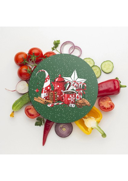 Cam Kesme Tahtası ve Sunumluk Yuvarlak Yeşil Yılbaşı Kar Desenli 30X30 cm modelleri