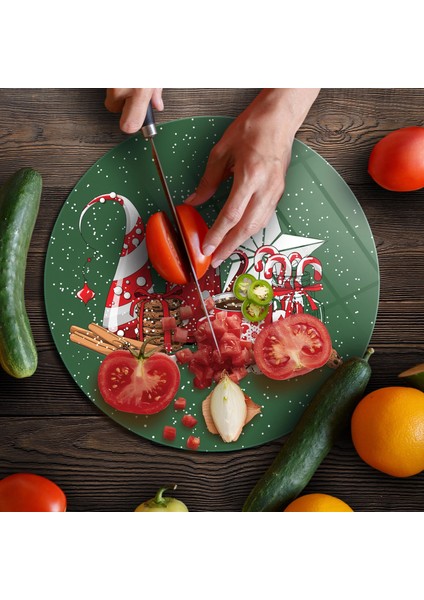 Cam Kesme Tahtası ve Sunumluk Yuvarlak Yeşil Yılbaşı Kar Desenli 30X30 cm fırsatları