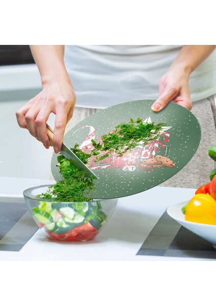 Cam Kesme Tahtası ve Sunumluk Yuvarlak Yeşil Yılbaşı Kar Desenli 30X30 cm indirimleri