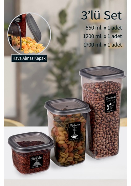 3 Lü 6 Parça Kare Erzak Saklama Kabı Baharat Seti 0,55-1,2-1,7 Litre 20 Etiket Hediyeli Henüz Yorum Yazılmamış.