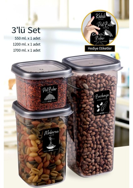 3 Lü 6 Parça Kare Erzak Saklama Kabı Baharat Seti 0,55-1,2-1,7 Litre 20 Etiket Hediyeli Henüz Yorum Yazılmamış. fiyatları