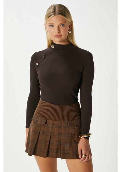 Kadın Gloria Gold Düğmeli Uzun Kollu Kahverengi Fitilli Pamuk Bluz