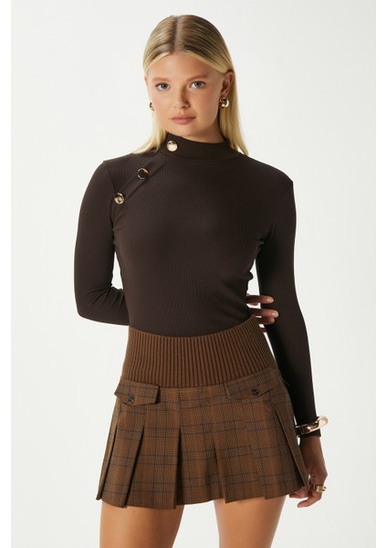 Kadın Gloria Gold Düğmeli Uzun Kollu Kahverengi Fitilli Pamuk Bluz fırsatları