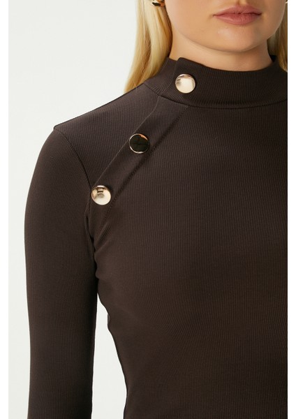 Kadın Gloria Gold Düğmeli Uzun Kollu Kahverengi Fitilli Pamuk Bluz indirimleri