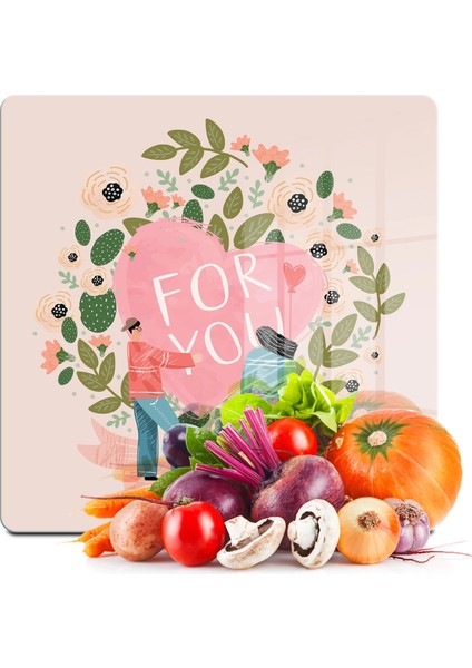 Cam Kesme Tahtası ve Sunumluk Kare Pembe For You Desenli 30X30 cm