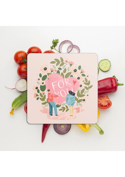 Cam Kesme Tahtası ve Sunumluk Kare Pembe For You Desenli 30X30 cm modelleri