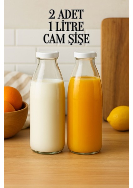 2 Adet Beyaz Plastik Kapaklı 1 Litre Şeffaf Sürahi Süt, Ayran, Su, Limonata Meşrubat Şişesi Cam Şişe