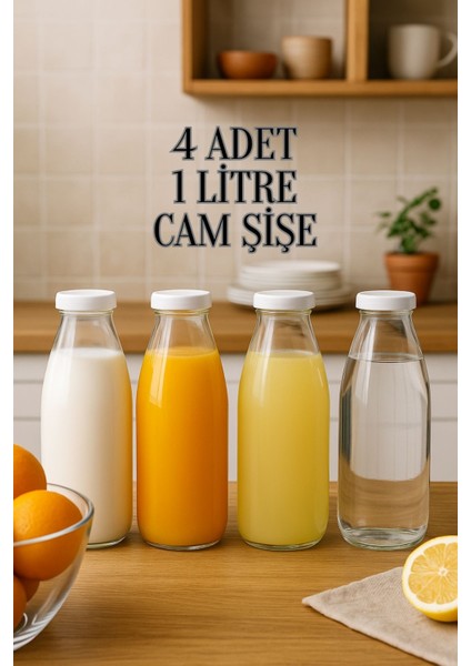 4 Adet Beyaz Plastik Kapaklı Cam Şişe 1 Litre Şeffaf Sürahi Süt, Ayran, Su, Limonata Meşrubat Şişesi