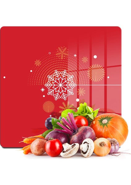 Cam Kesme Tahtası ve Sunumluk Kare Kırmızı Kar Tanesi Desenli 30X30 cm