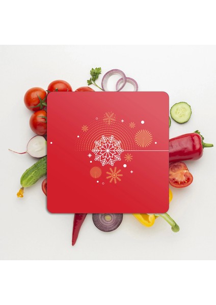 Cam Kesme Tahtası ve Sunumluk Kare Kırmızı Kar Tanesi Desenli 30X30 cm modelleri